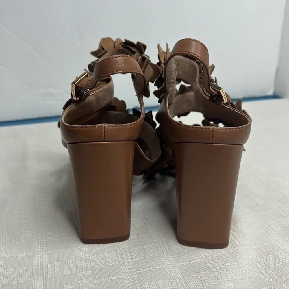 NWOB Tory Burch Women's Brown 65 mm Nappa Leather Blossom Heel Block Sandal 9.5